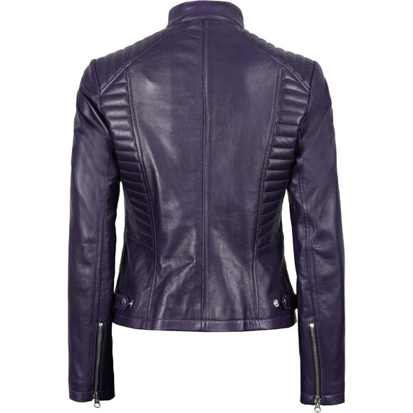 Women's Cafe Racer Style Real Leather Jackets Rachel Purple Zipper Long Sleeves - Picture 5 of 7